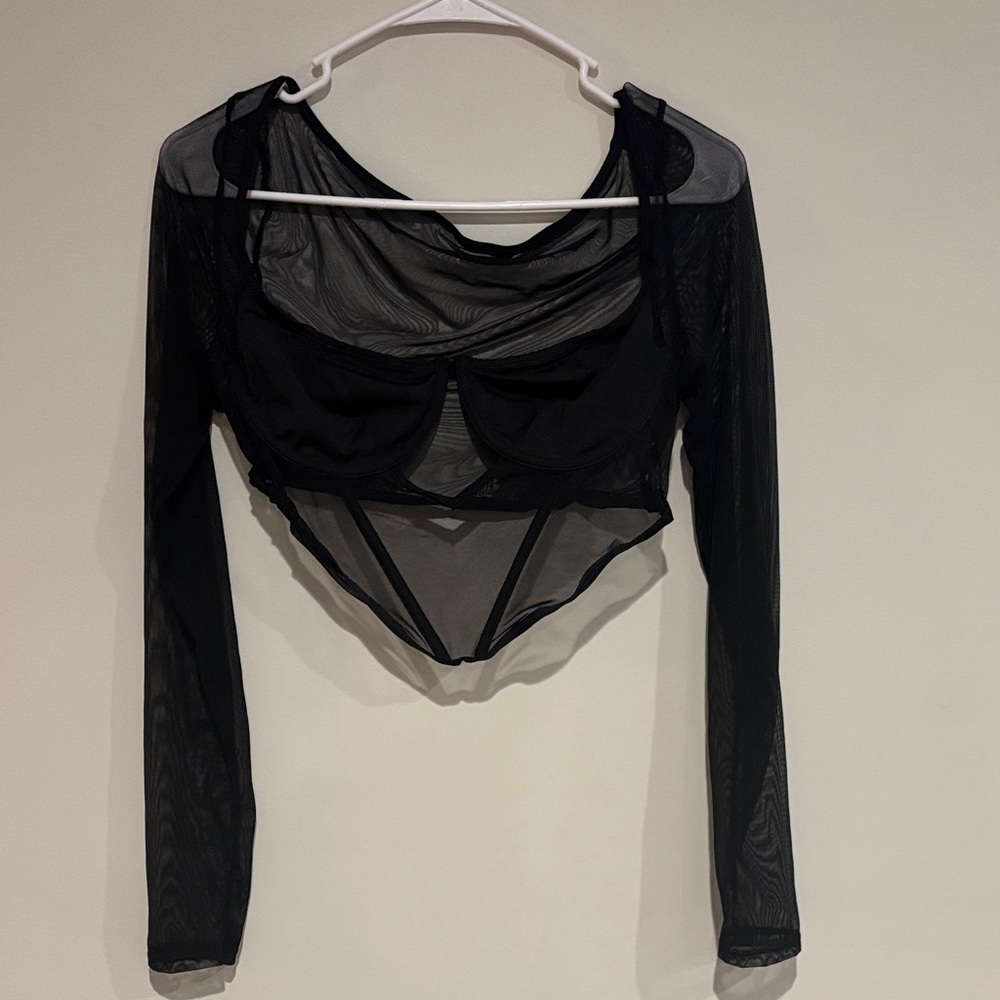 SHEIN Black Mesh Long Sleeve Crop Top
